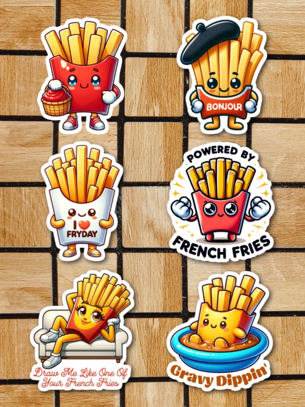 Frenchy Fry Fries Sticker Pack of 6 Vinyl Stickers Cute Waterproof Sticker Set